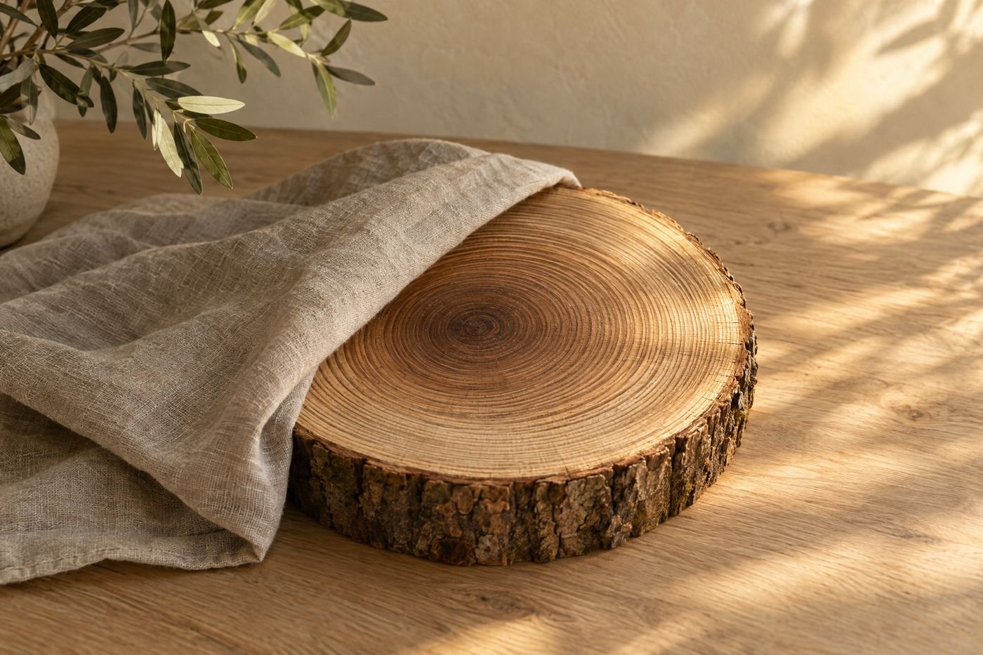 Round slice of oak showing its growth rings, a linen cloth folded half back from it on a wooden table