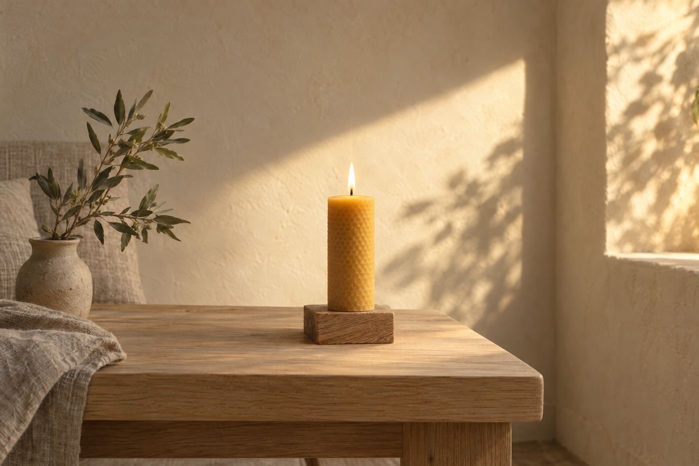 Single beeswax pillar candle with a perfectly still flame on an oak table in a softly shaded corner