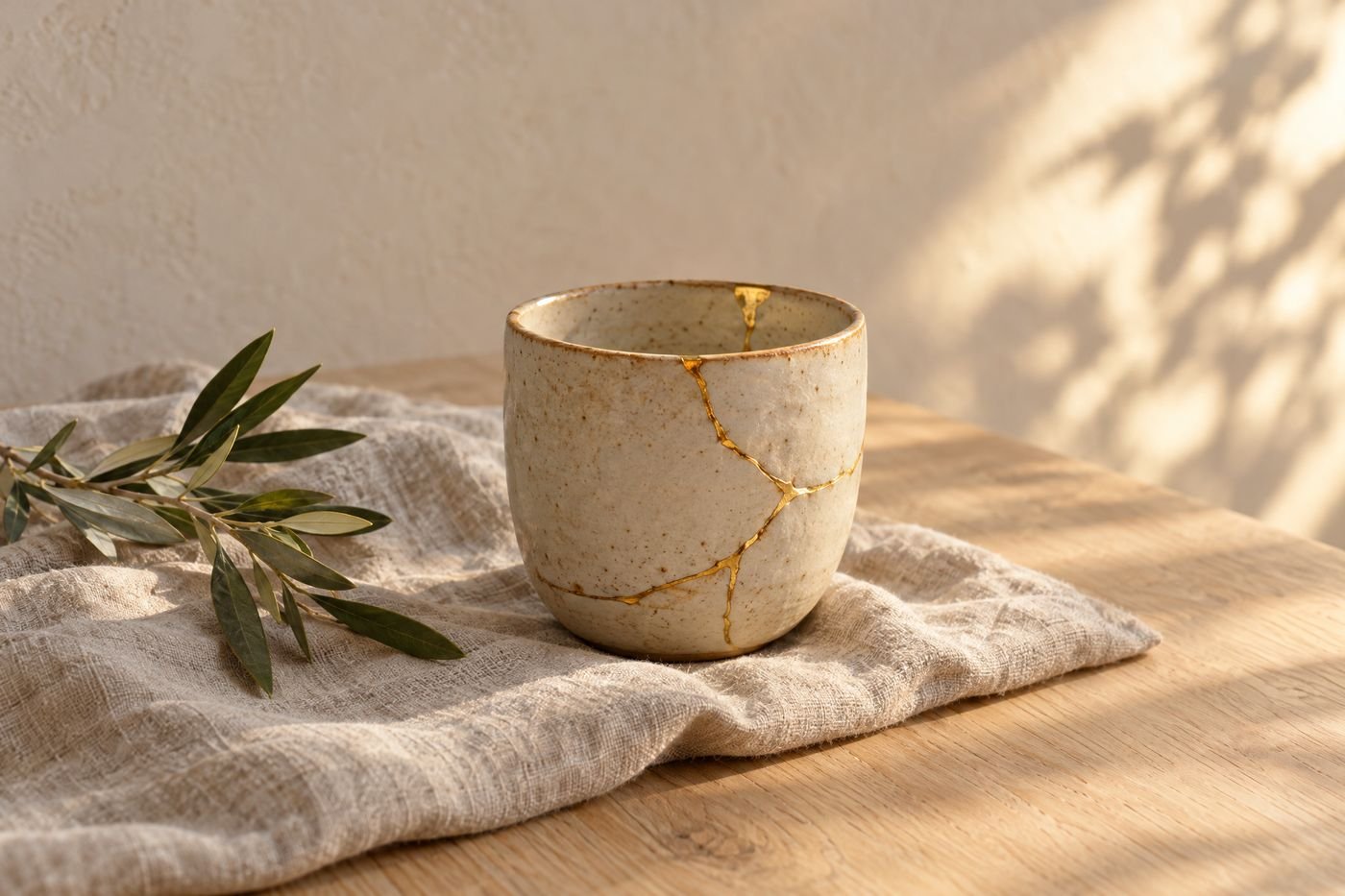 Small cream stoneware cup mended with fine gold seams, resting on a folded linen cloth beside olive leaves