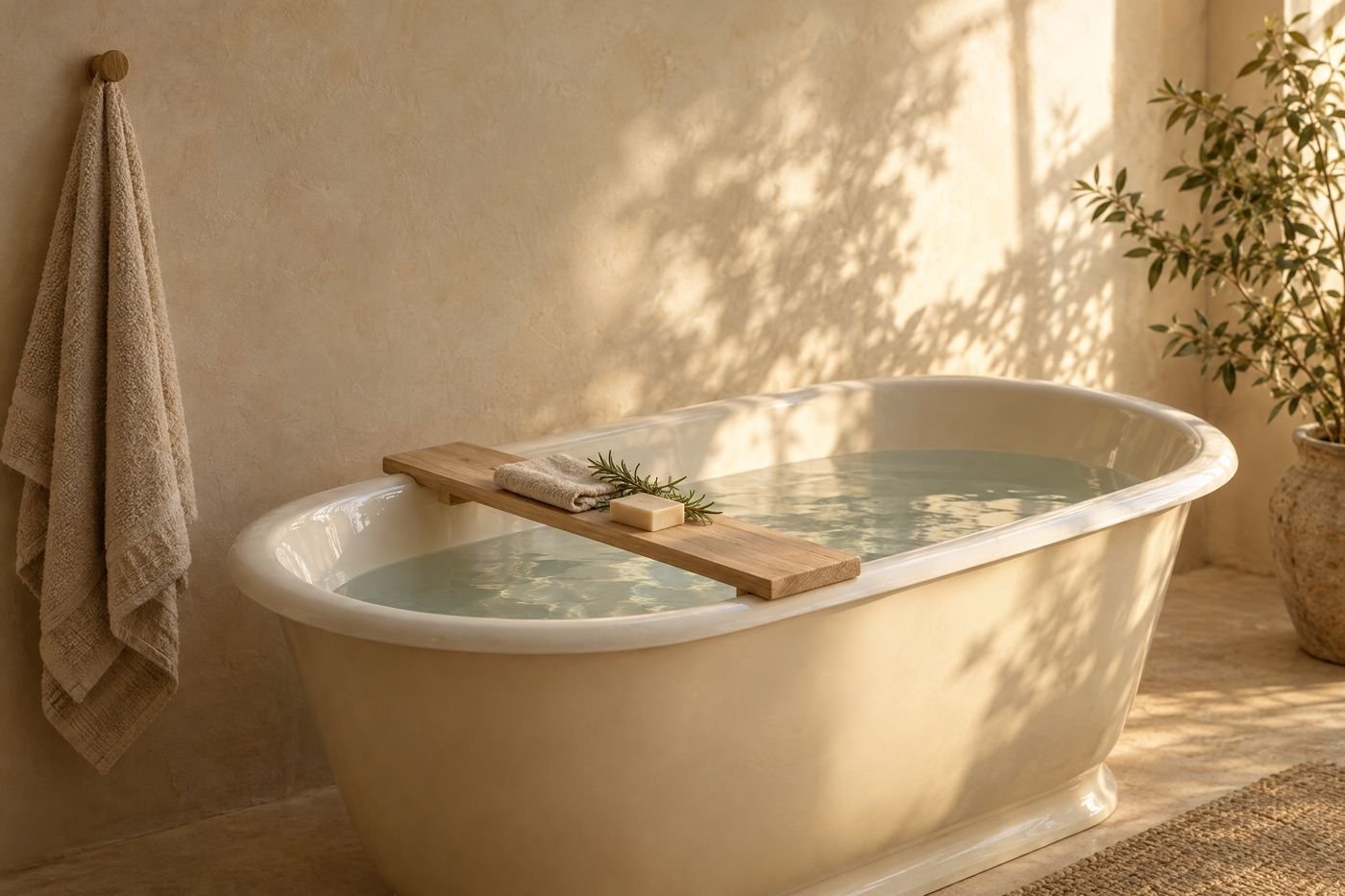 Cream bath of clear water with an oak rack holding a linen washcloth, soap and rosemary, a towel on a peg