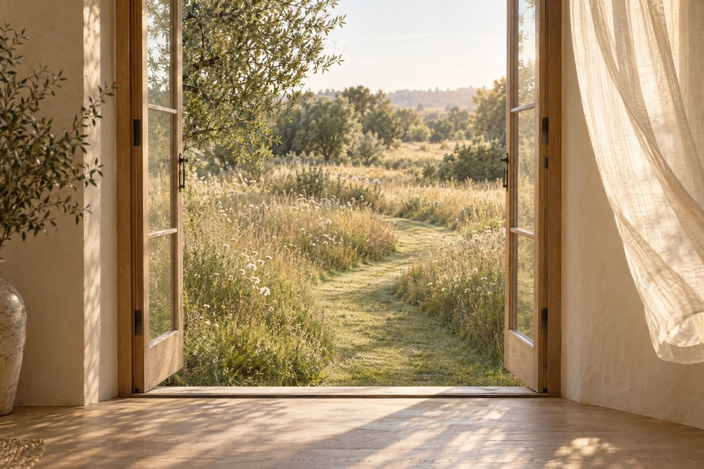 Open glass garden doors in a cream room looking out onto a mown path winding through long meadow grass