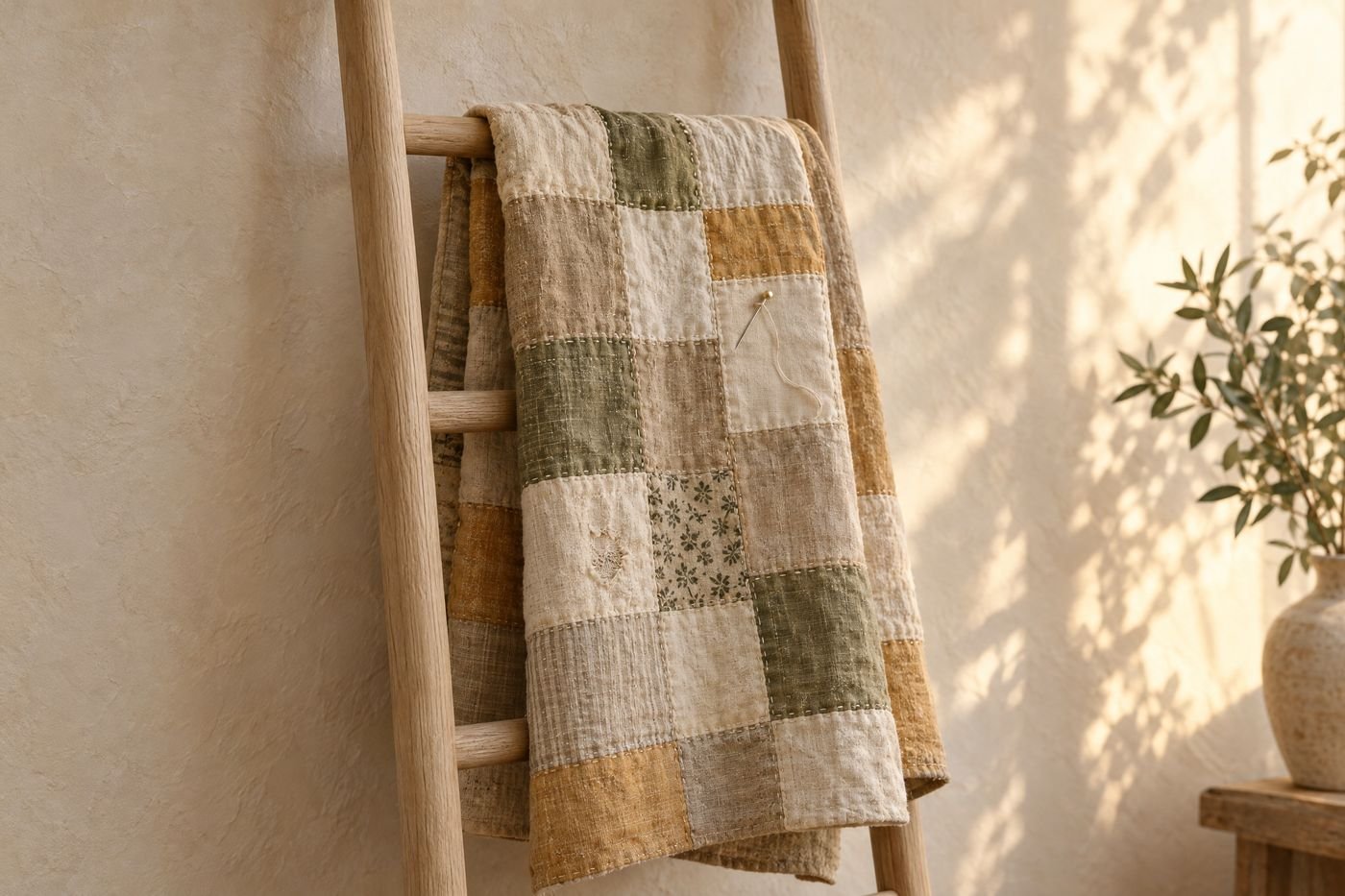 Patchwork quilt of cream, oatmeal, olive and ochre squares over an oak ladder, a threaded pin in one square