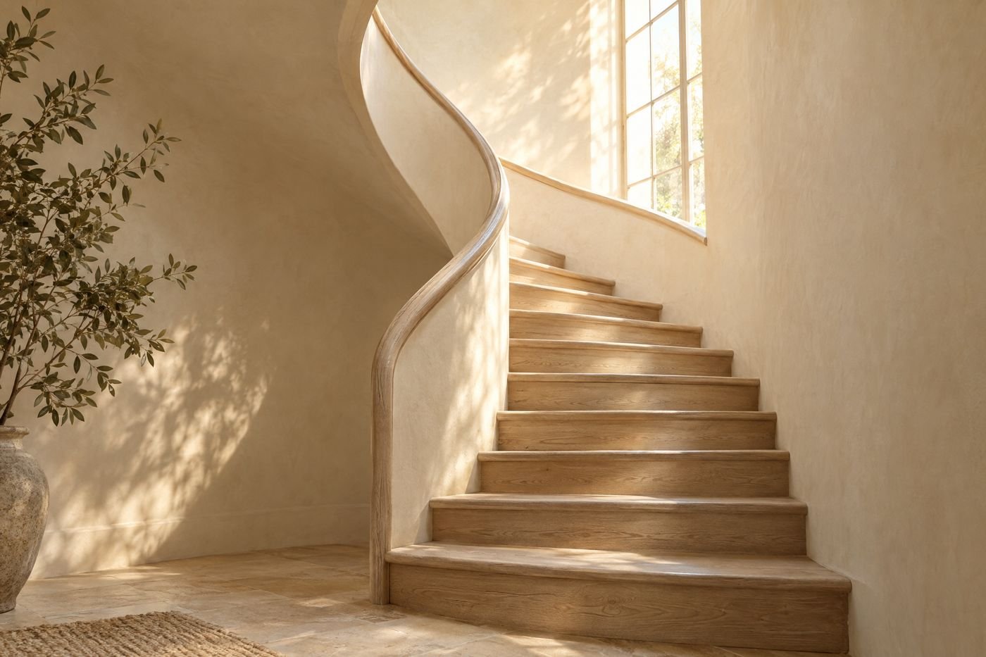 Pale oak spiral staircase curving up through a cream plaster stairwell toward a bright high window