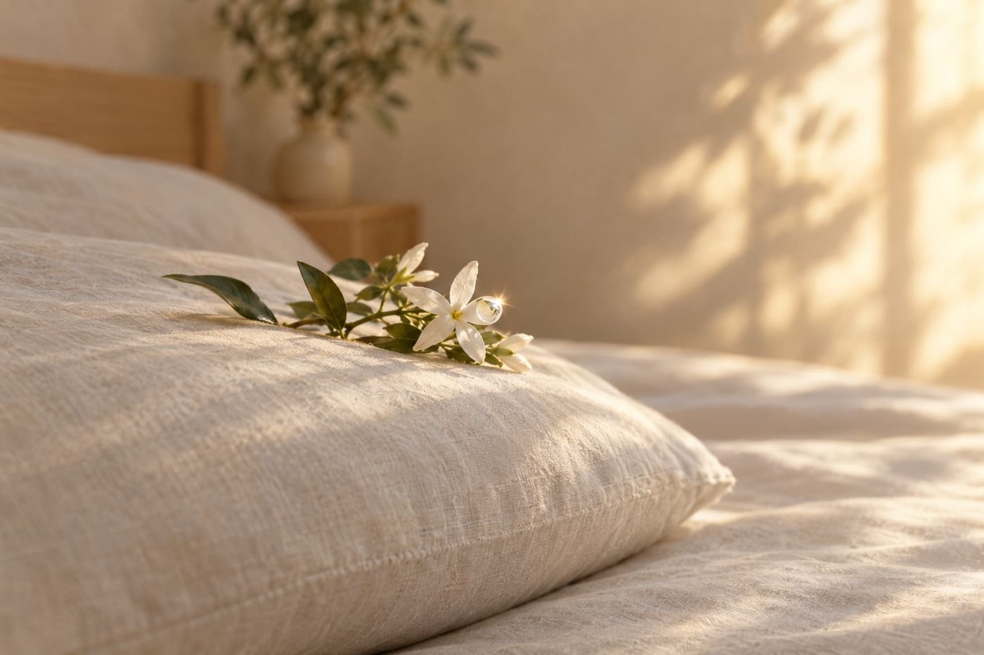 Sprig of white jasmine on an ivory linen pillow, a droplet on one petal catching a small glint of sun