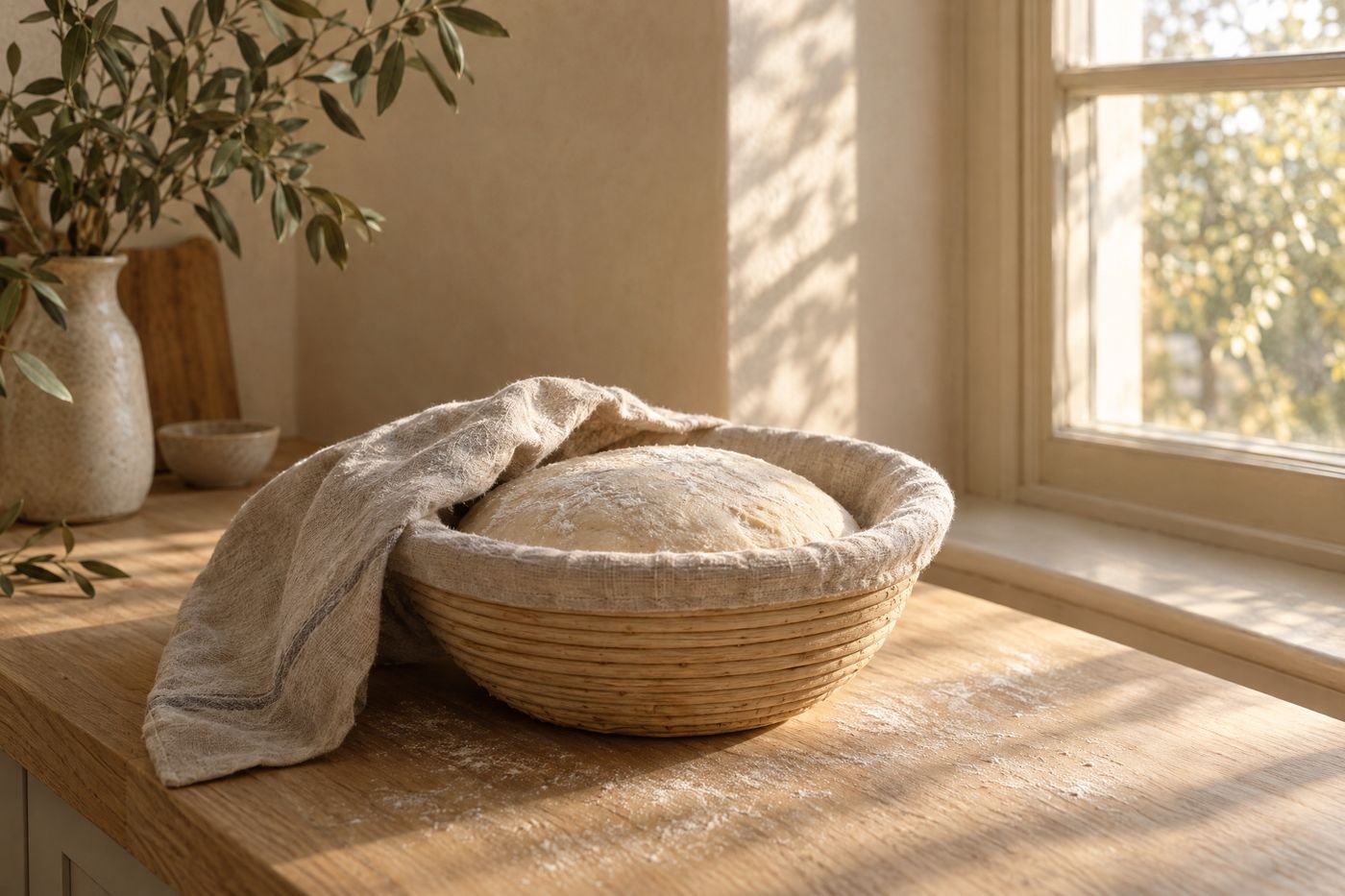 Round of bread dough rising in a linen-lined cane basket on an oak counter, a linen cloth folded half back