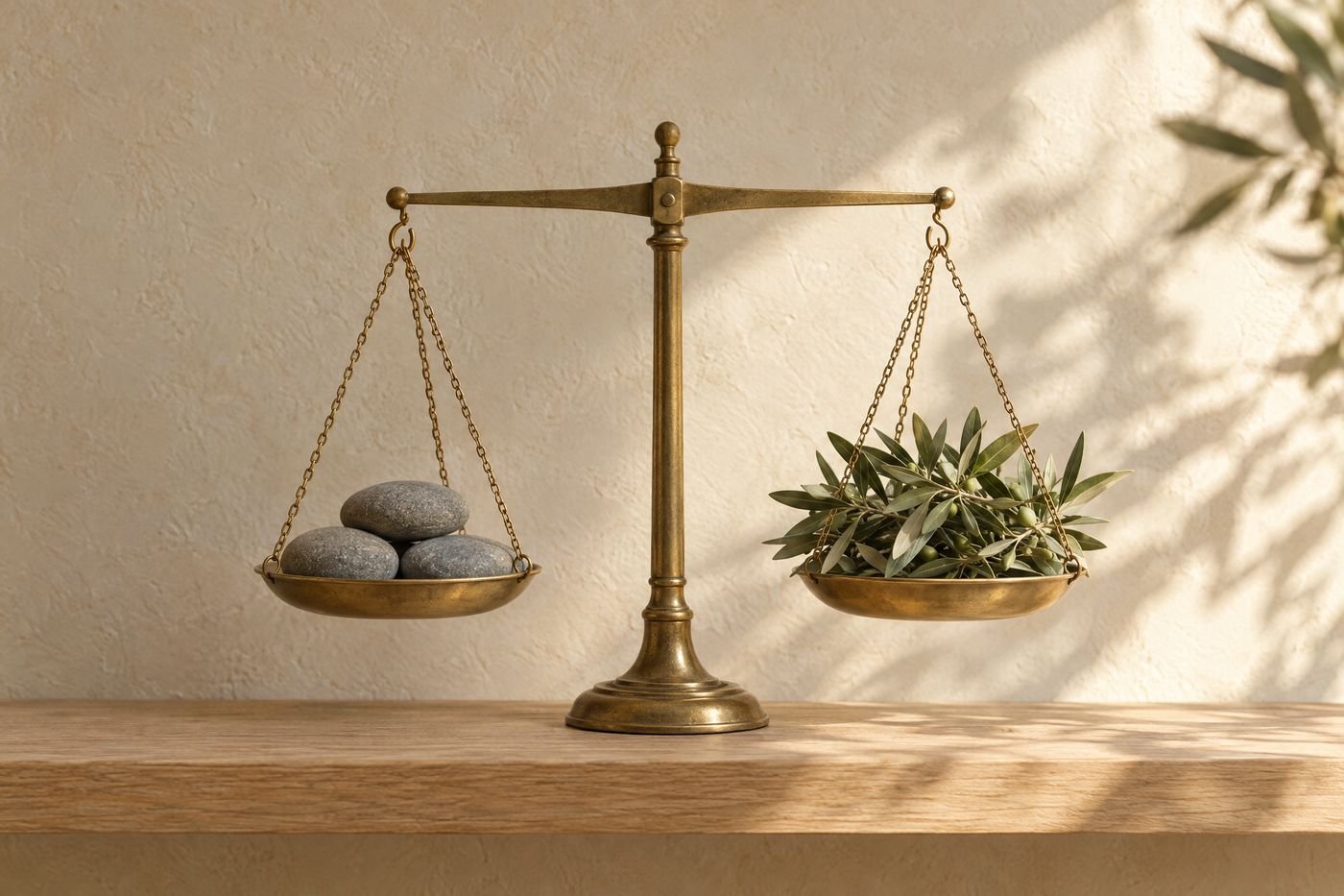 Brass balance scale on an oak shelf with grey river stones in one pan and olive leaves in the other