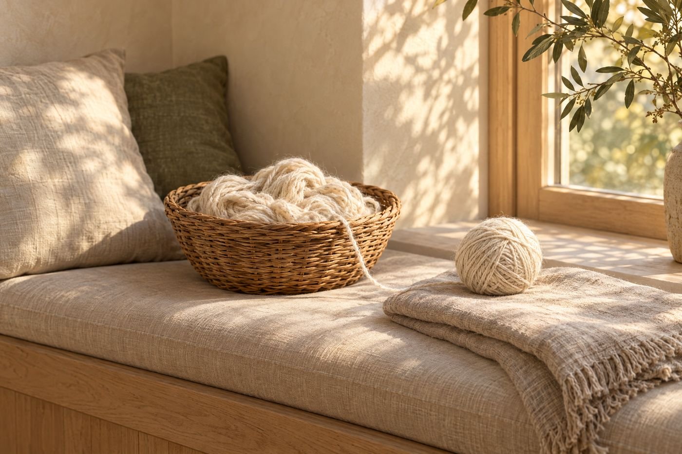 Woven basket of tangled cream wool on a window seat, one strand leading to a neatly wound ball on a linen throw