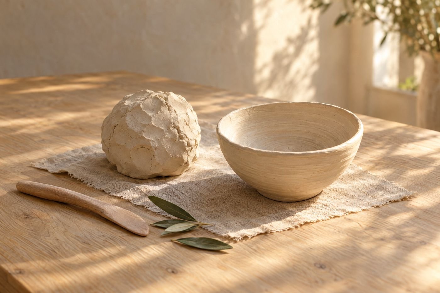 A lump of raw ivory clay beside a handmade clay bowl on a linen cloth on an oak table in morning sun