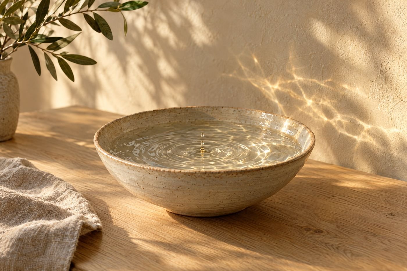 Shallow ceramic bowl of water on an oak table, ripples spreading from the centre and light reflected on the wall
