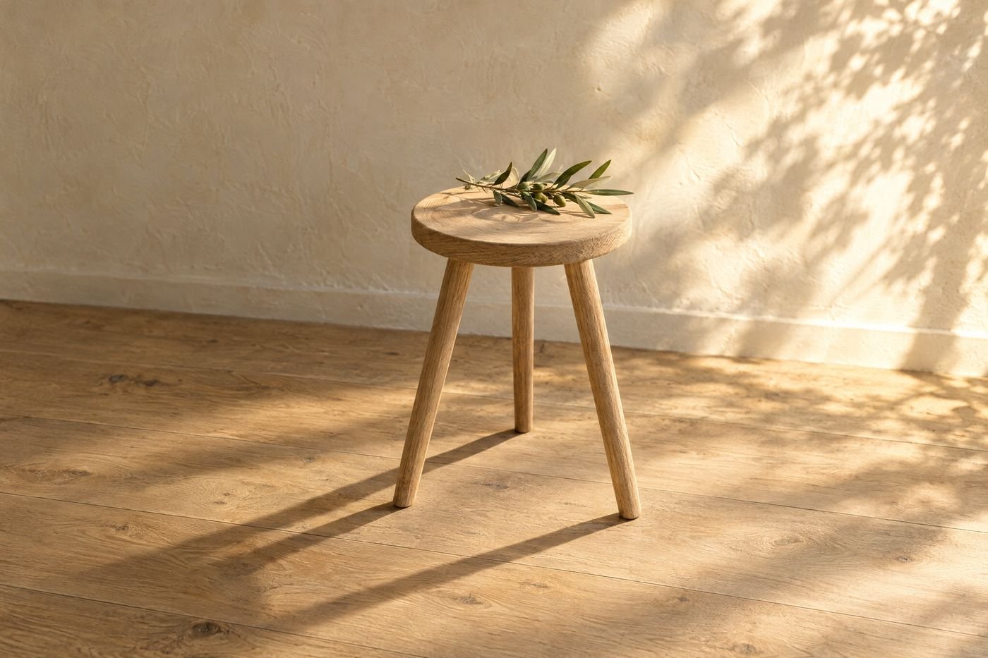 Three-legged oak stool with an olive sprig on its seat, alone in morning sun, its leg shadows stretching across the floor