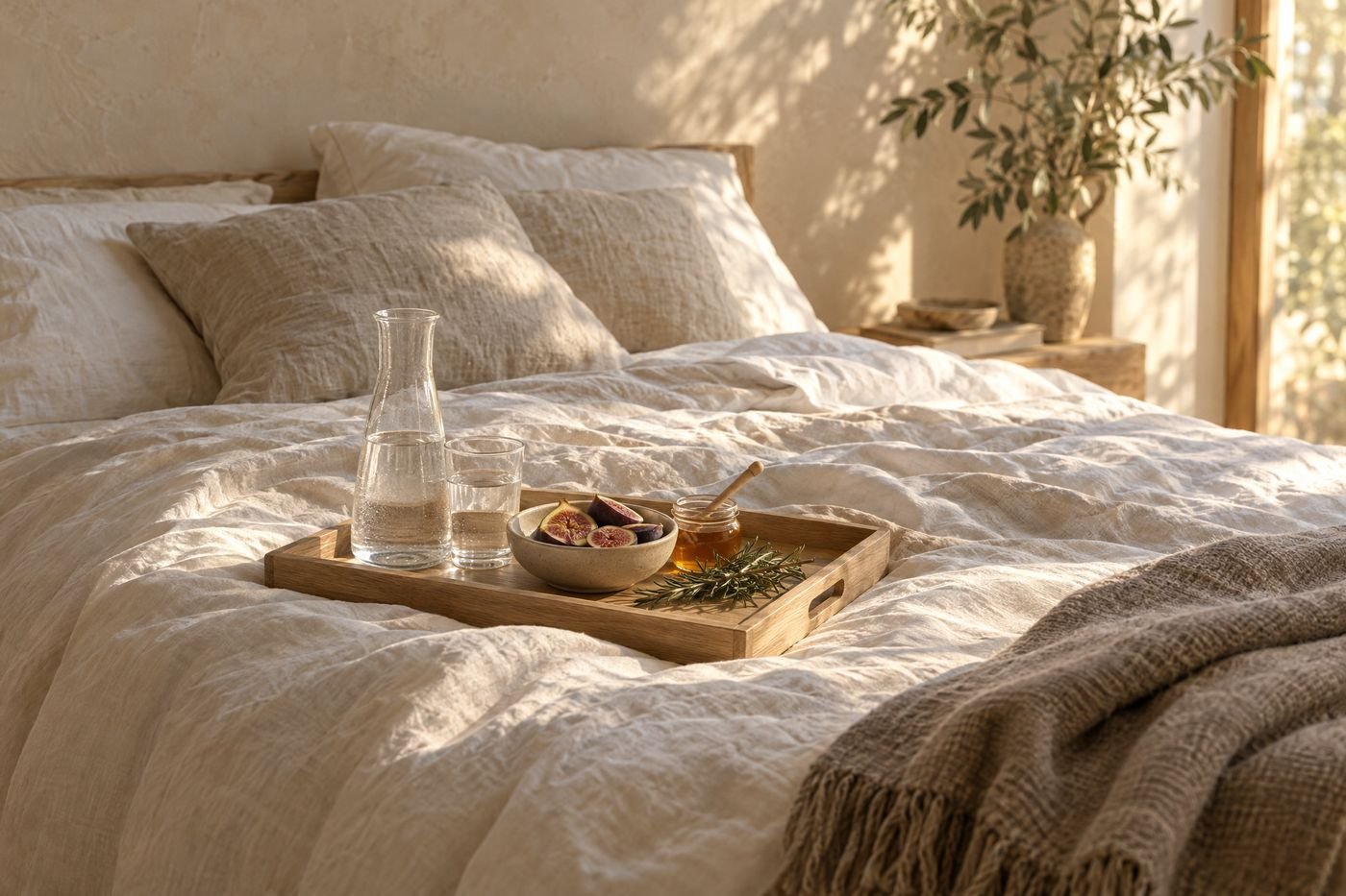 A wooden tray with a water carafe, a glass, figs and honey resting on a sunlit bed of rumpled white linen