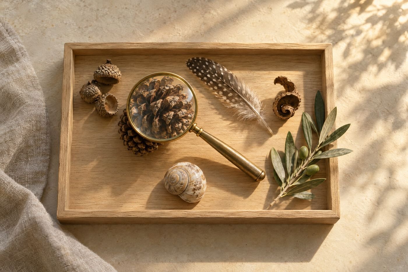 Oak tray of acorn cups, a pine cone, a feather, a seed pod and a shell, with a brass magnifying glass on top
