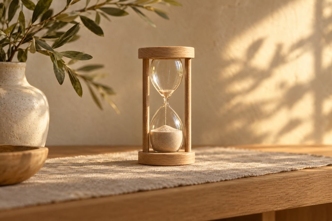Small oak and glass sand timer on a linen runner, the last grains of sand falling into the lower bulb
