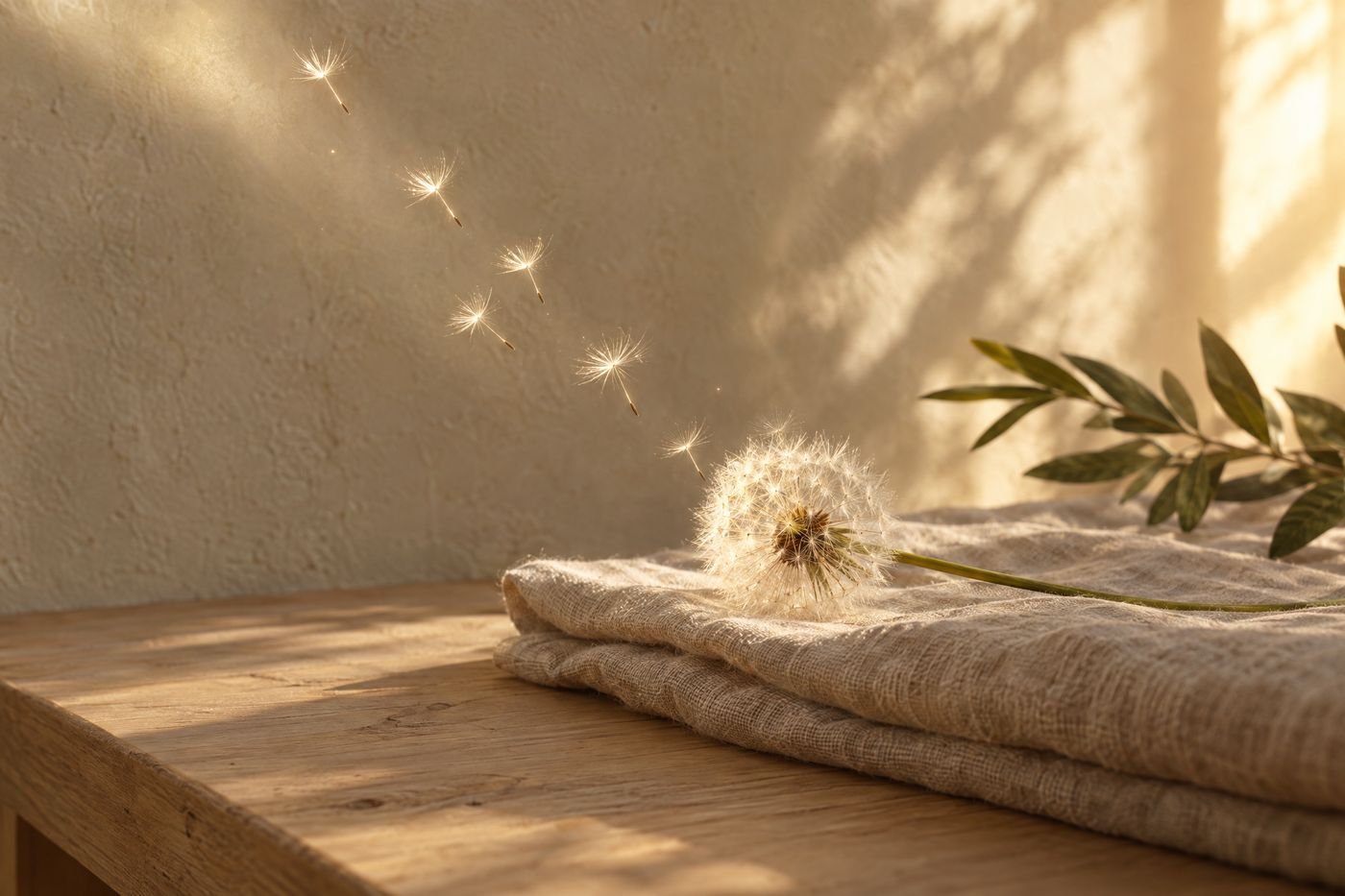 White dandelion seed head on folded linen, a few seeds drifting up through a beam of morning light