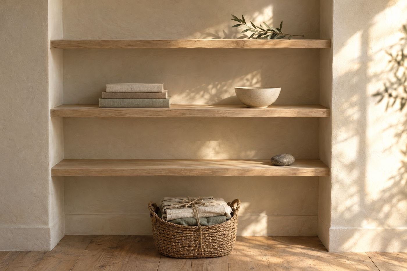 Pale oak shelves in a cream wall holding a few books, a bowl and a pebble, above a basket of folded clothes