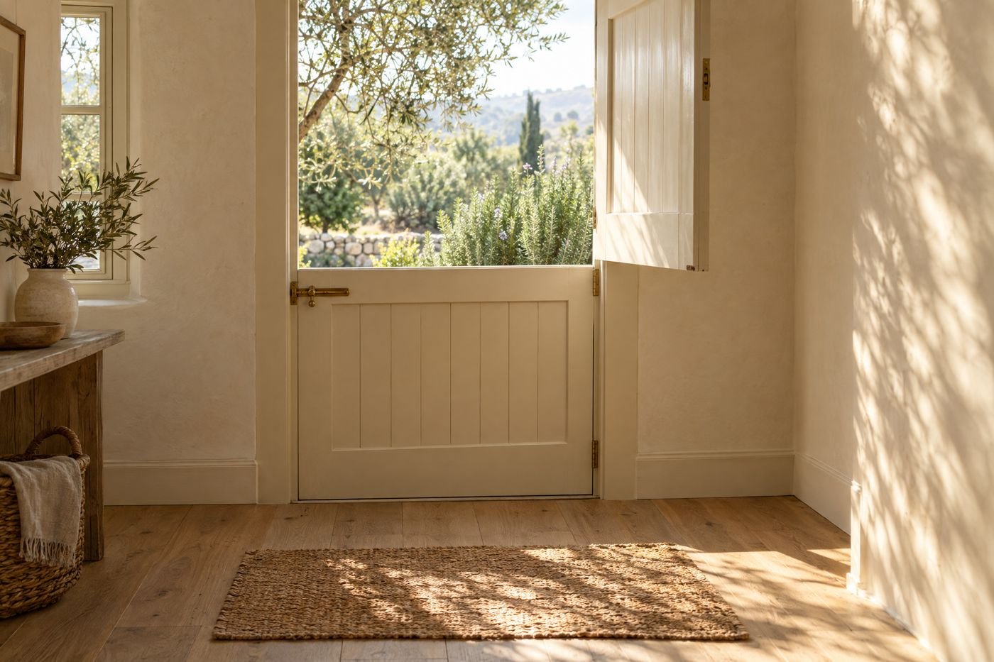 Cream stable door with its top half open to a sunny garden and its bottom half closed, a jute mat on the floor