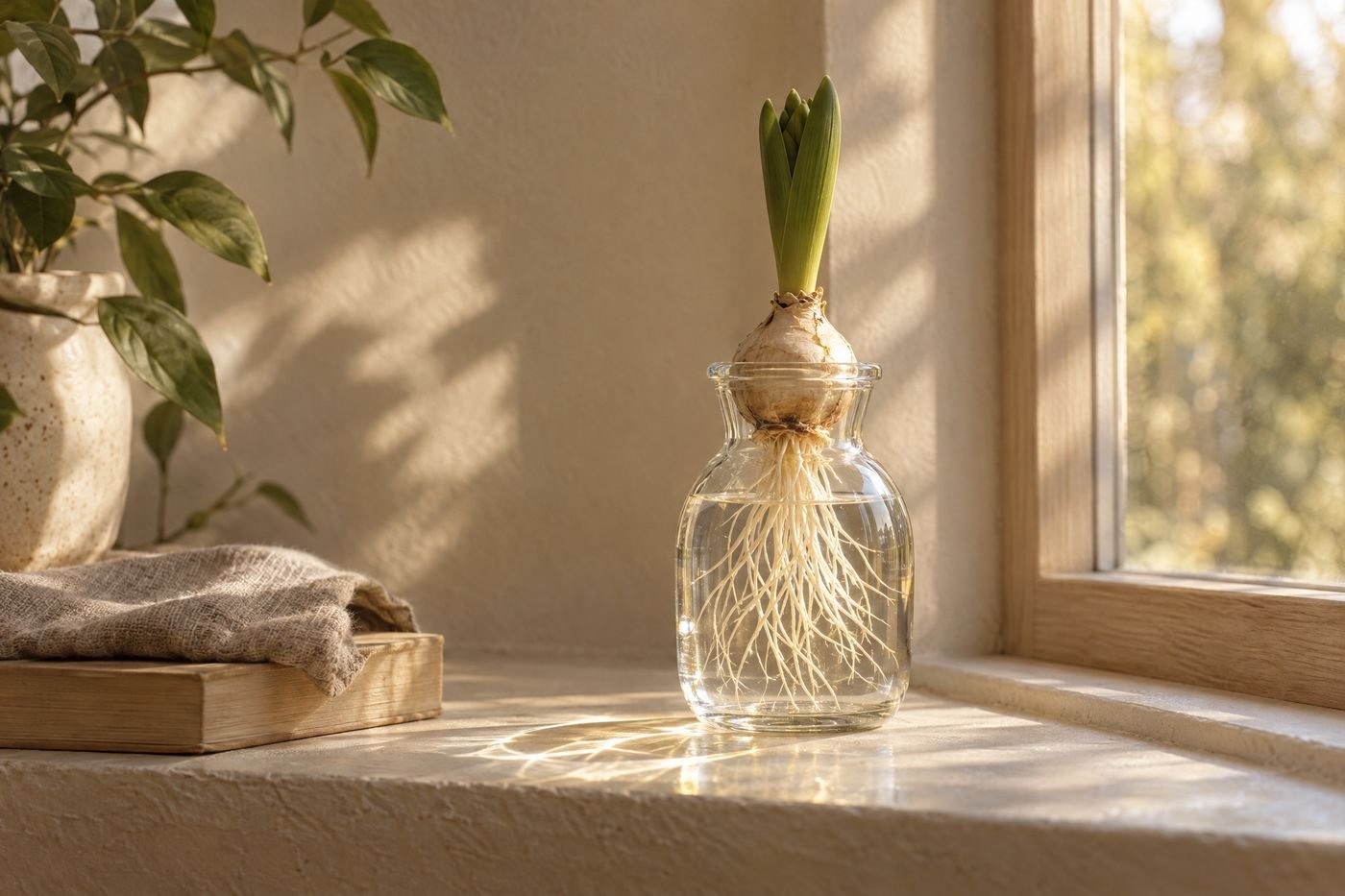 A flower bulb in a clear glass jar of water on a windowsill, white roots growing down and a green shoot rising