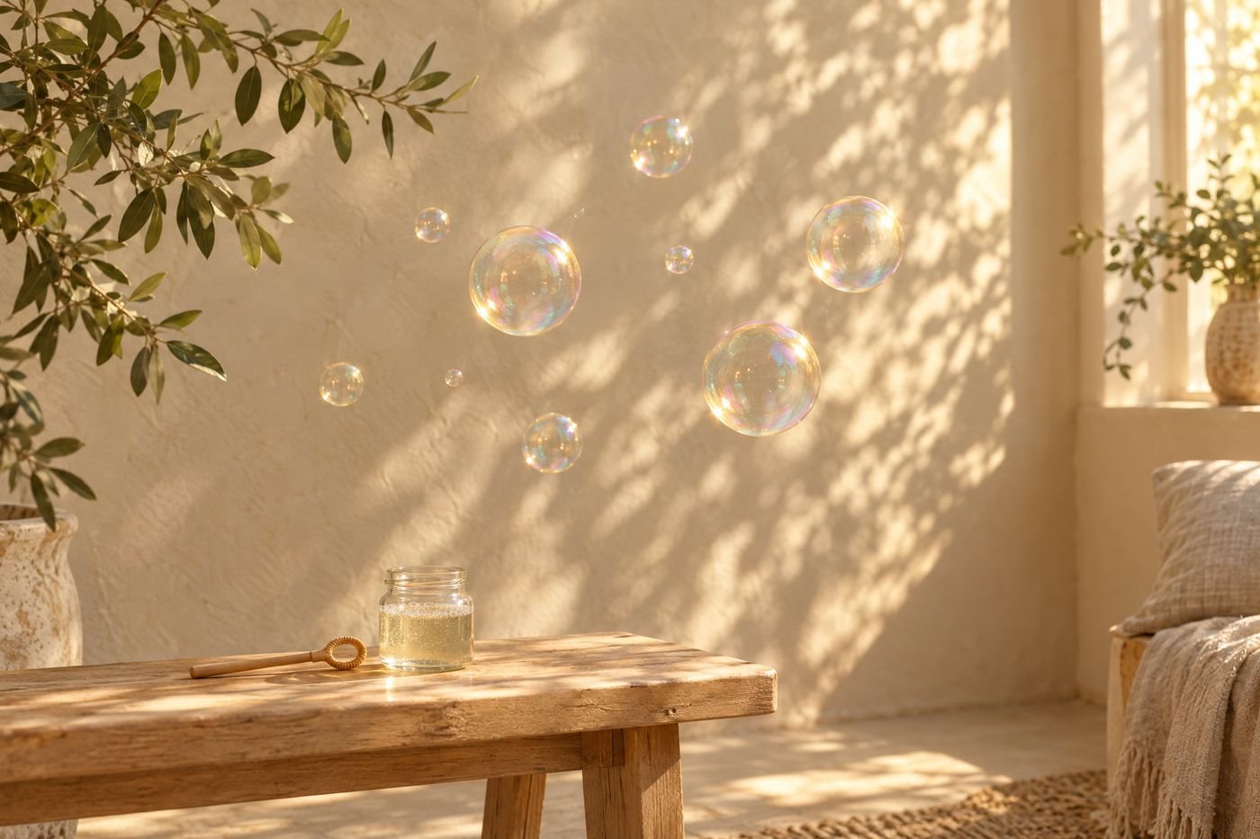 Soap bubbles floating in front of a cream plaster wall, a wooden bubble wand and small jar on an oak bench below