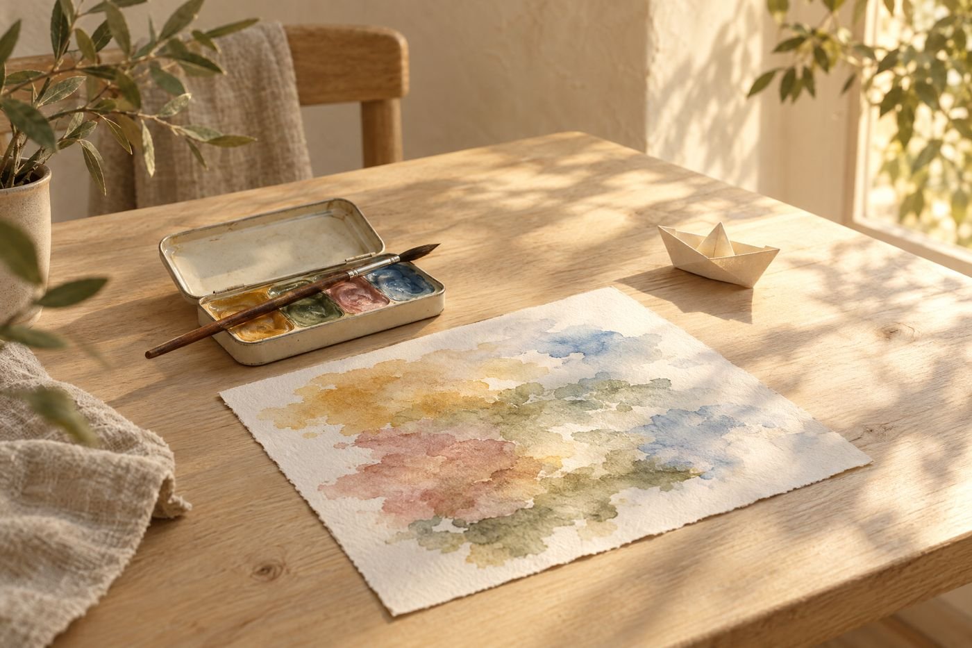 Open tin of watercolour paints and a wet brush beside a sheet of soft colour washes and a small paper boat
