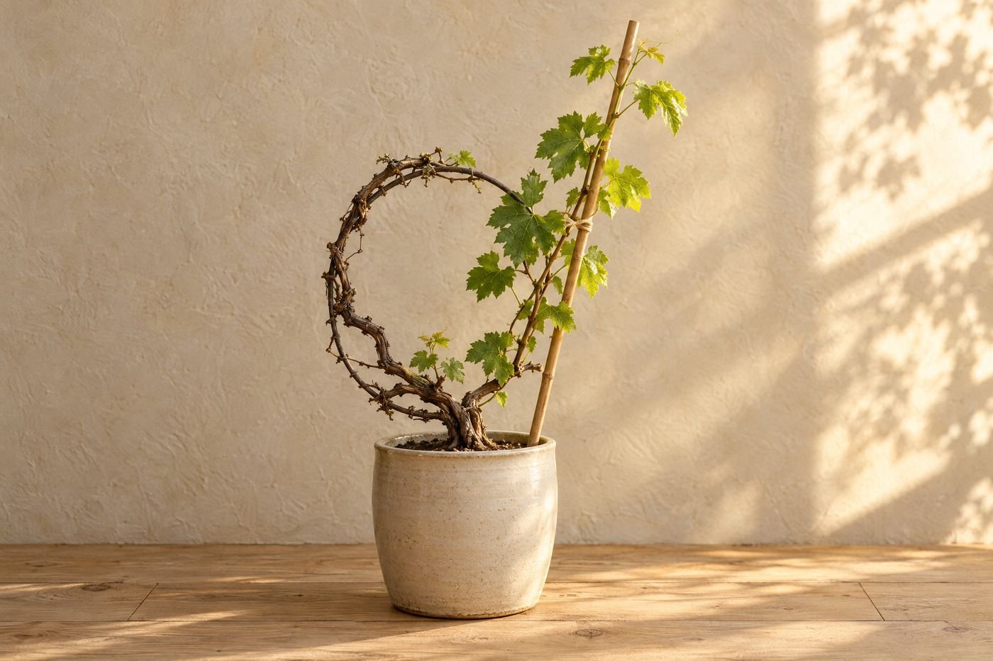 Potted grapevine whose old woody stems curve into a loop, with a new green shoot tied to a bamboo cane