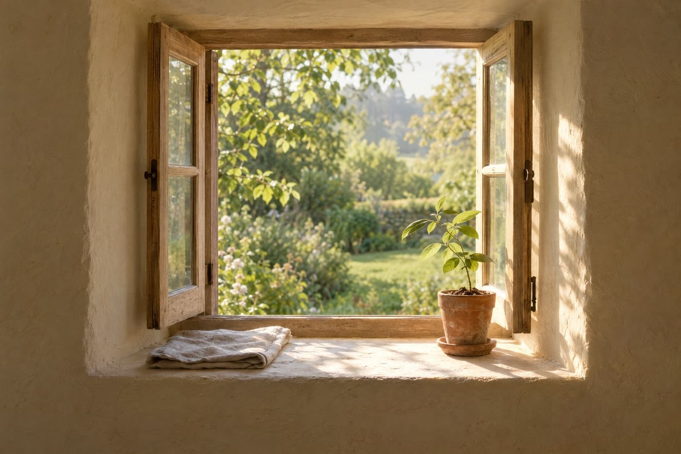 Casement window open wide onto a green garden, with a seedling in a terracotta pot on the deep sill