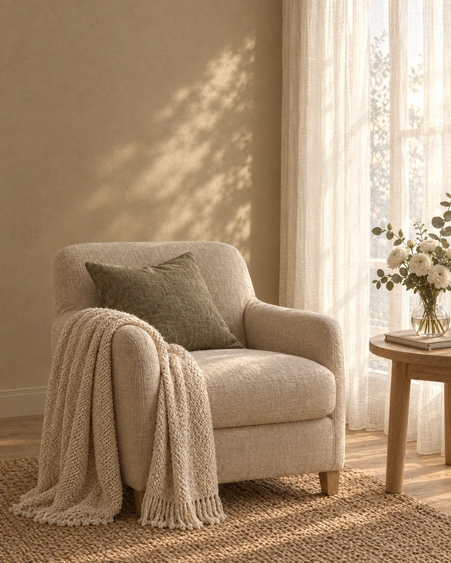 A linen armchair with a cushion and a knitted throw in a sunlit corner