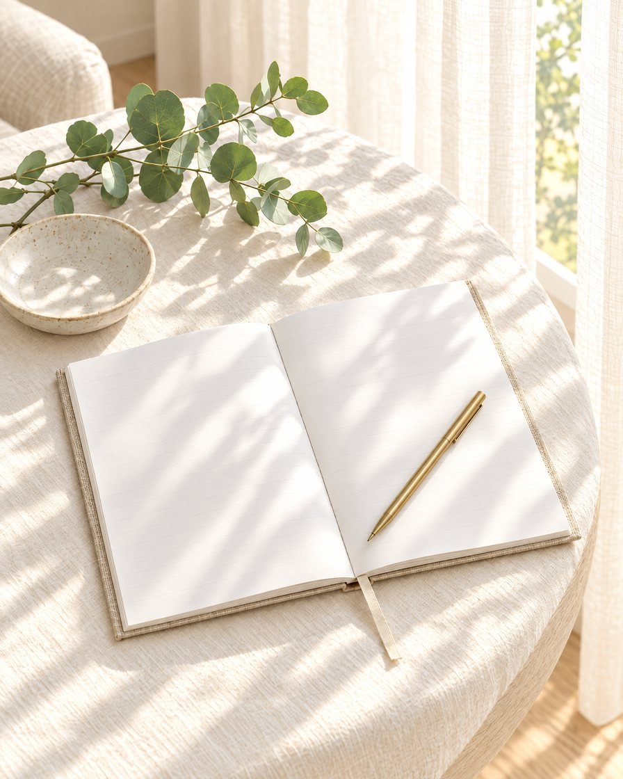 An open notebook and a brass pen on a linen-covered table